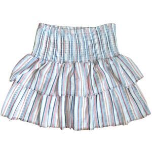 Coquette Colorful Smocked Waist Tiered Mini Skirt, Lined Blue Red White S NWOT